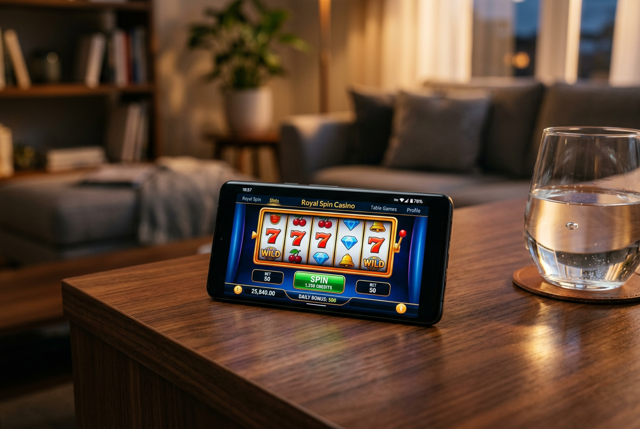 A high-end smartphone displaying a vibrant casino application on a desk.