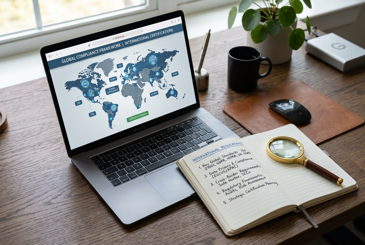 A laptop showing digital legal documents next to a magnifying glass and a globe.